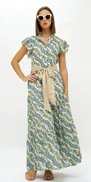 Ruffle Collar Button Maxi Dress in Lupina Periwinkle