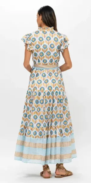 Ruffle Collar Button Maxi Dress in Touraine Blue