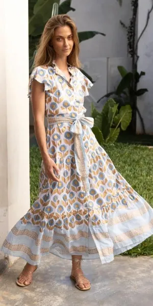 Ruffle Collar Button Maxi Dress in Touraine Blue