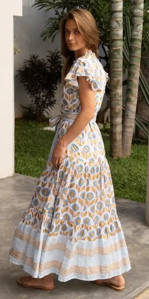 Ruffle Collar Button Maxi Dress in Touraine Blue
