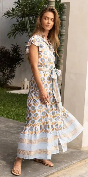 Ruffle Collar Button Maxi Dress in Touraine Blue
