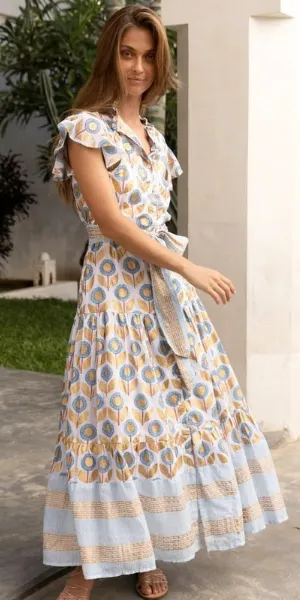 Ruffle Collar Button Maxi Dress in Touraine Blue