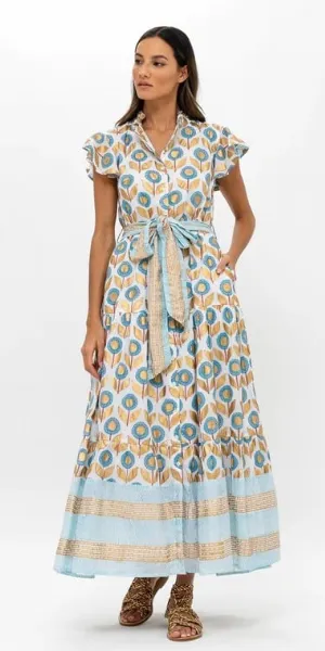 Ruffle Collar Button Maxi Dress in Touraine Blue