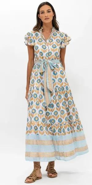 Ruffle Collar Button Maxi Dress in Touraine Blue