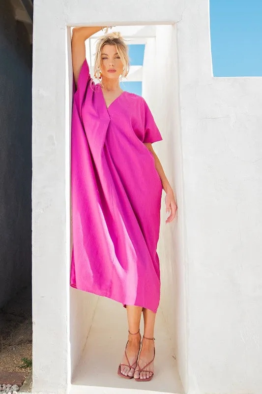 Short sleeves poly linen maxi kaftan dress
