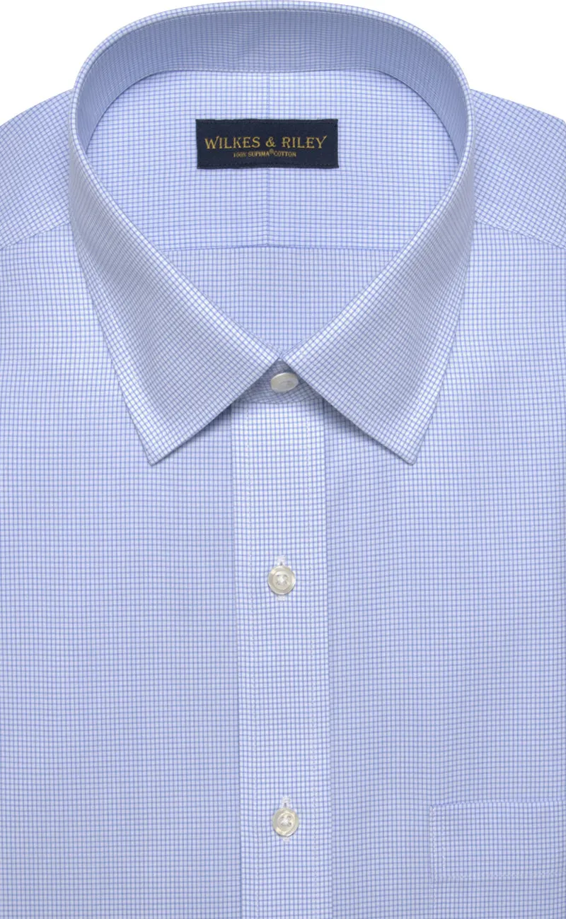 Slim Fit Blue Mini Check Spread Collar Supima® Cotton Non-Iron Broadcloth Dress Shirt