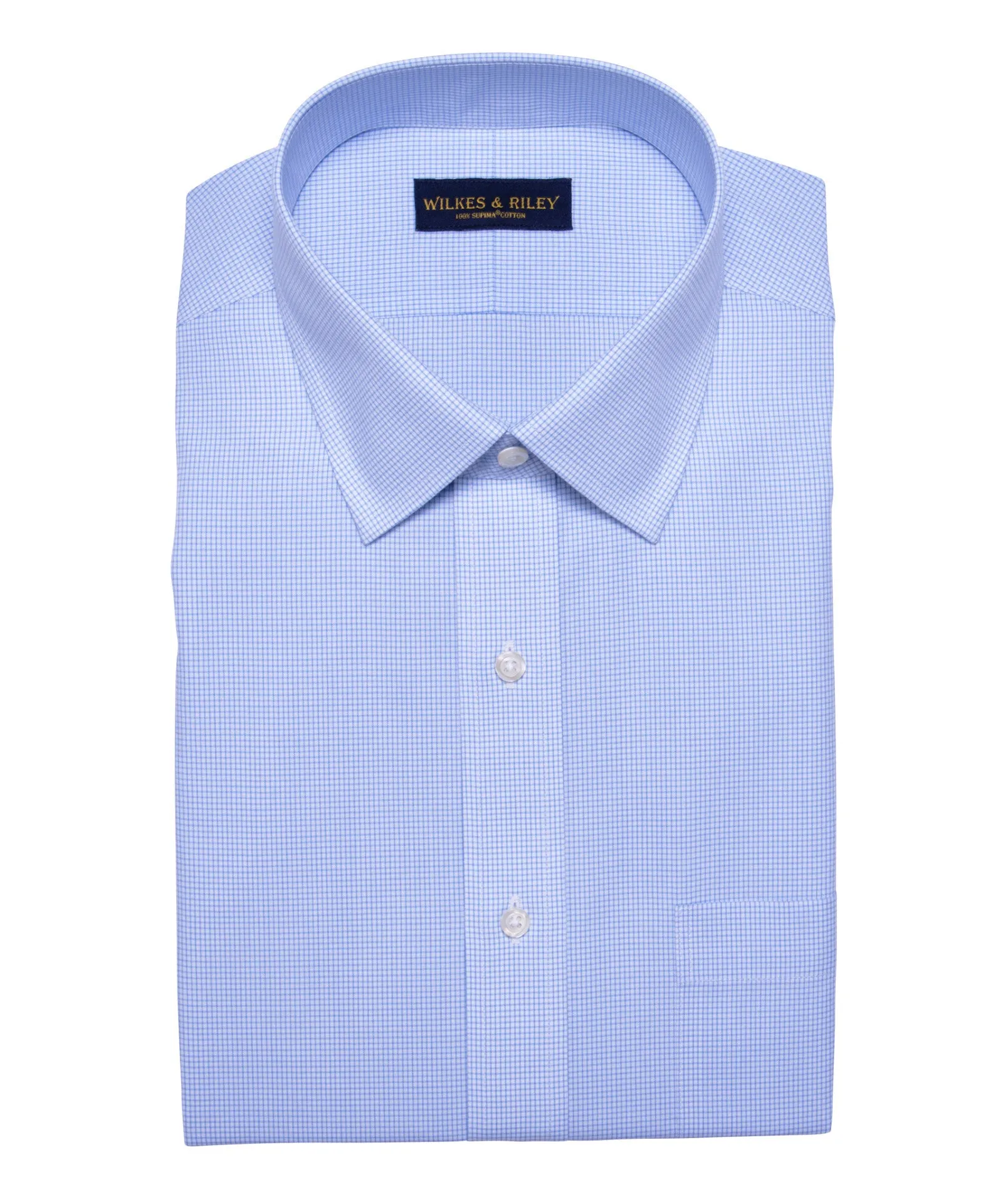 Slim Fit Blue Mini Check Spread Collar Supima® Cotton Non-Iron Broadcloth Dress Shirt