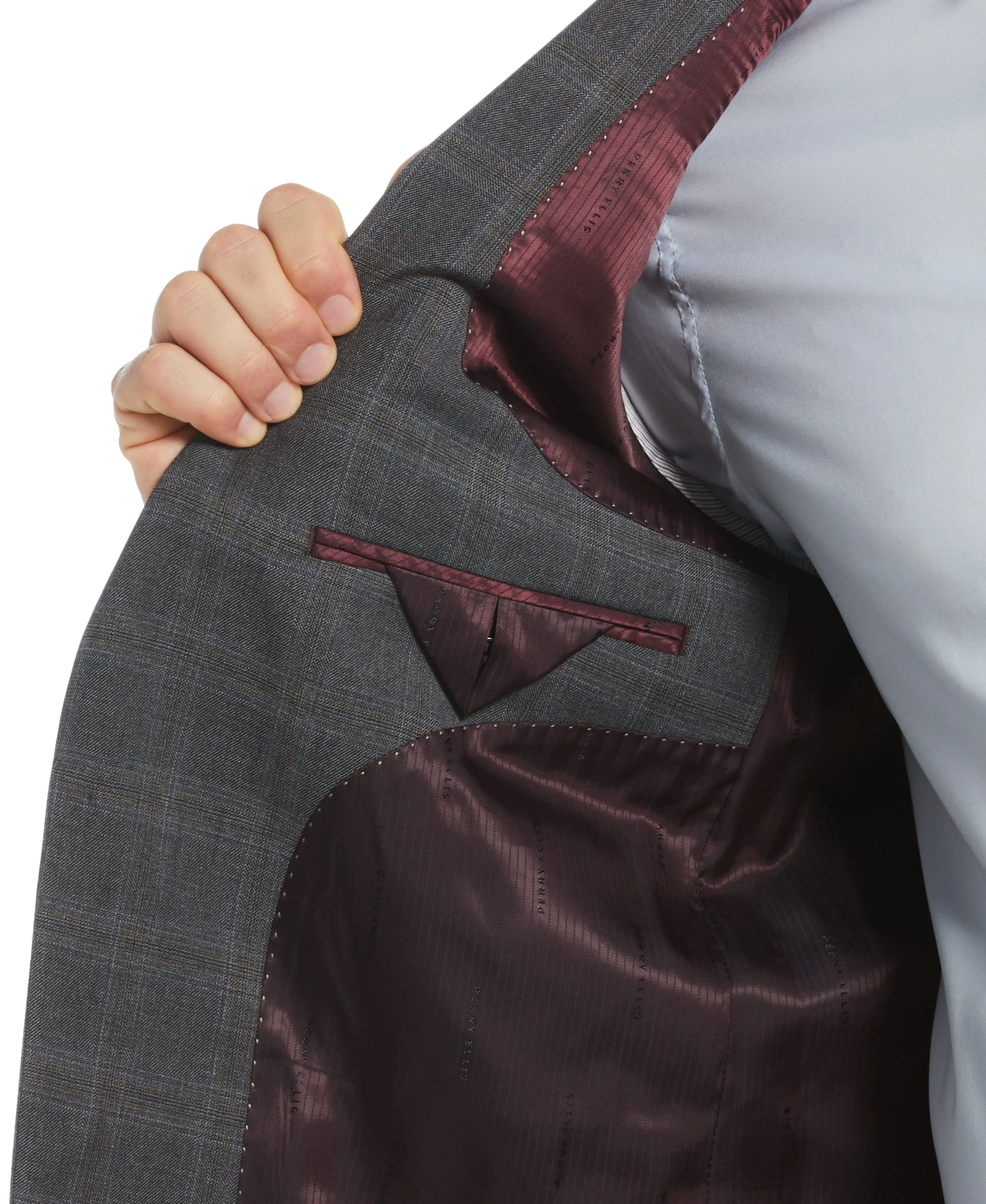 Slim Fit Grey Peak Lapel Deco Plaid Suit