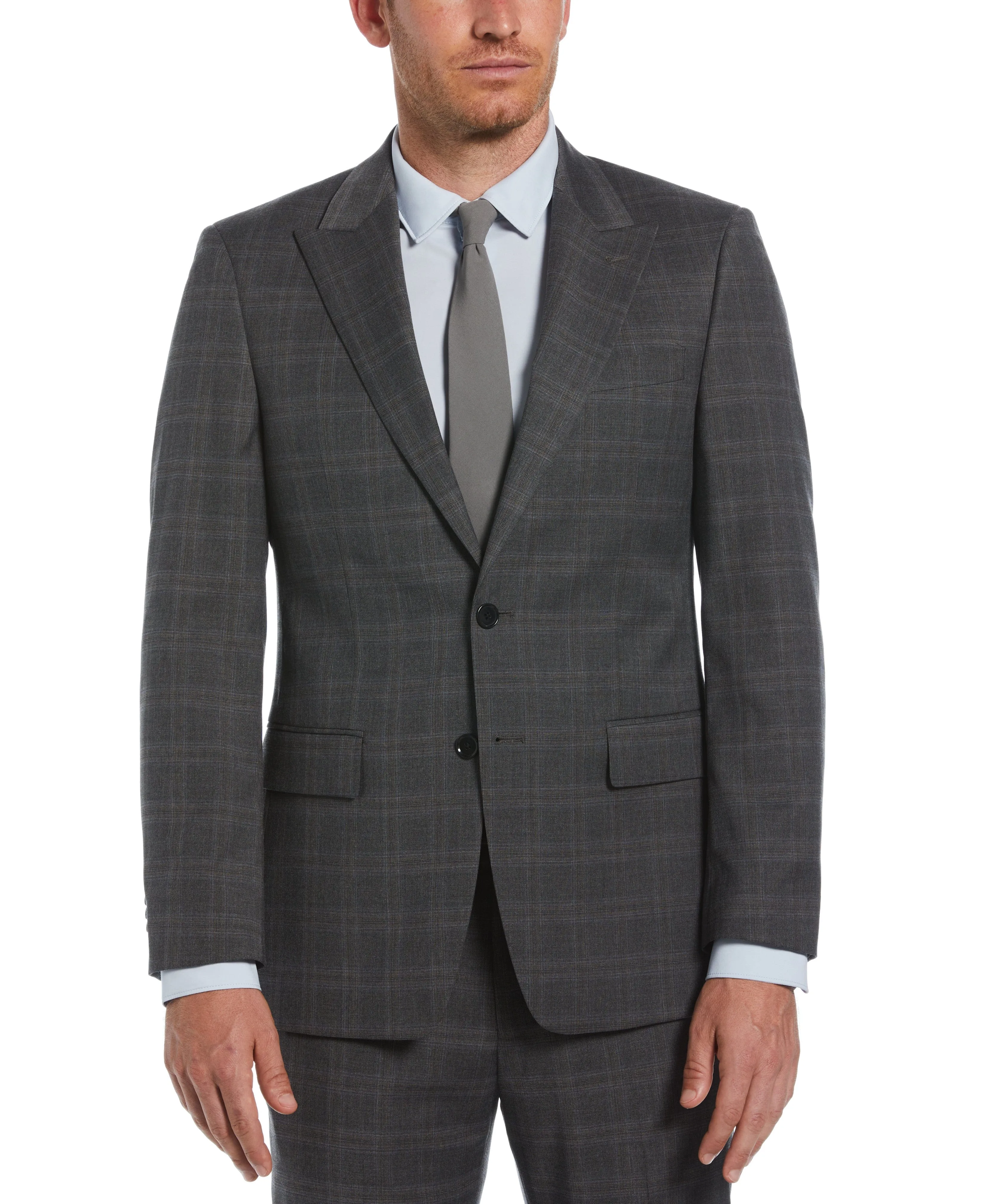 Slim Fit Grey Peak Lapel Deco Plaid Suit