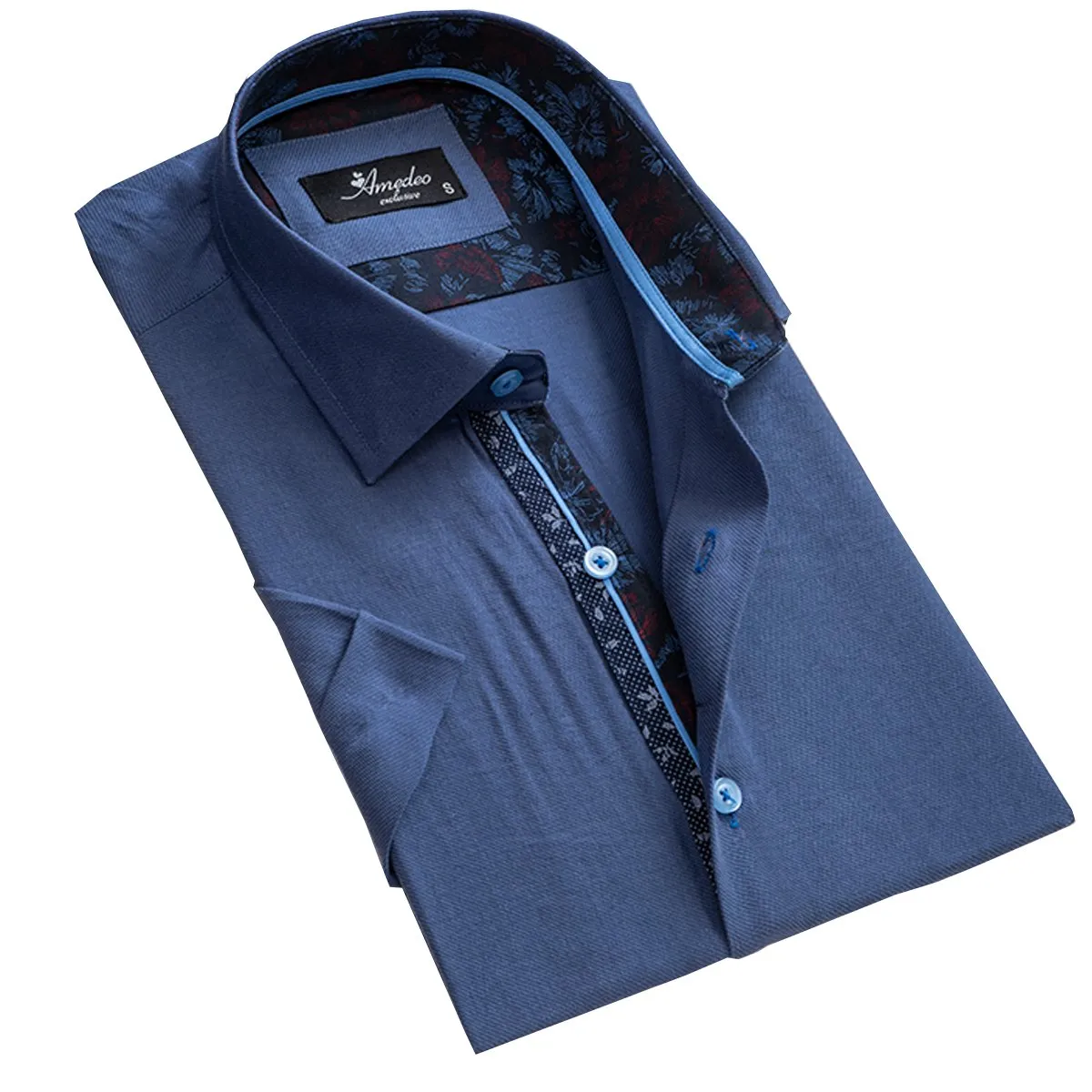 Solid Blue Mens Short Sleeve Button up Shirts - Tailored Slim Fit Cotton Dress Shirts