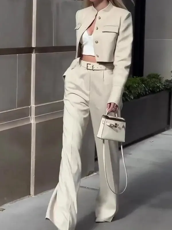 Solid Color Long-sleeve Top  High-waisted Wide-leg Pants Suit