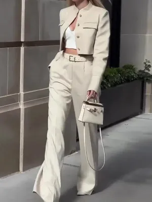 Solid Color Long-sleeve Top  High-waisted Wide-leg Pants Suit