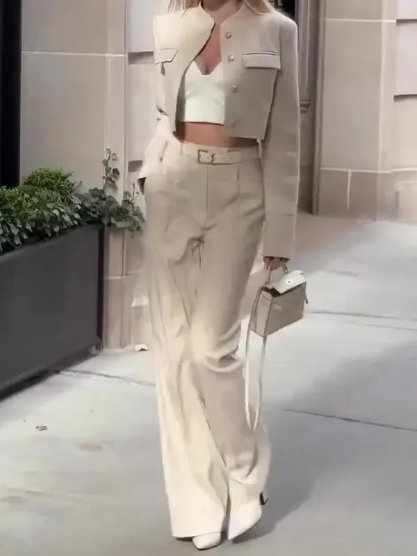 Solid Color Long-sleeve Top  High-waisted Wide-leg Pants Suit