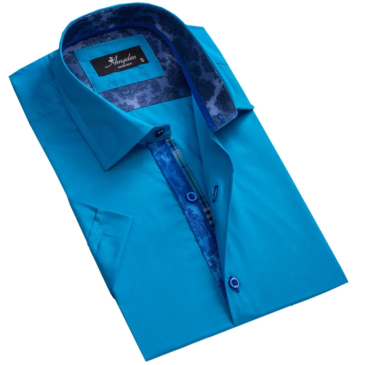 Solid Medium Blue Mens Short Sleeve Button up Shirts - Tailored Slim Fit Cotton Dress Shirts