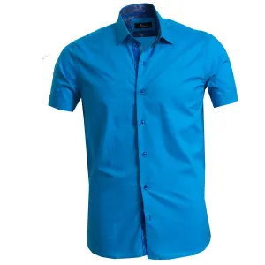 Solid Medium Blue Mens Short Sleeve Button up Shirts - Tailored Slim Fit Cotton Dress Shirts