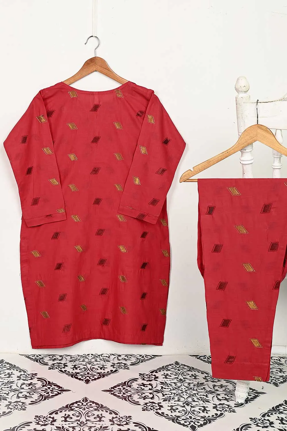STP-144D-Red - 2PC COTTON EMBROIDERED STITCHED