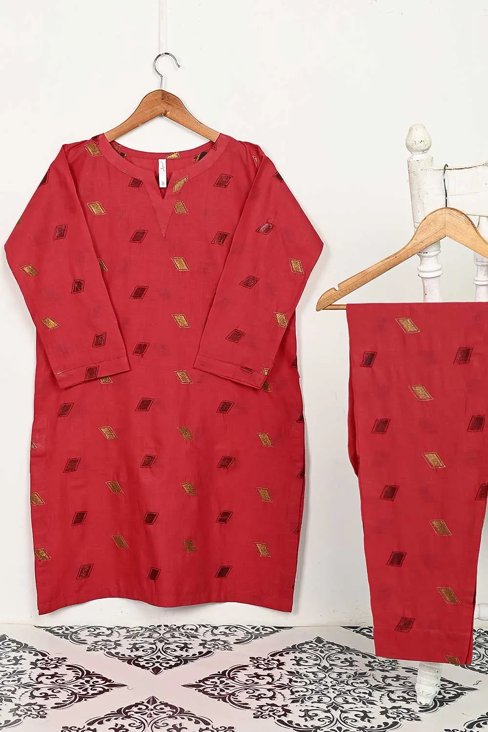STP-144D-Red - 2PC COTTON EMBROIDERED STITCHED