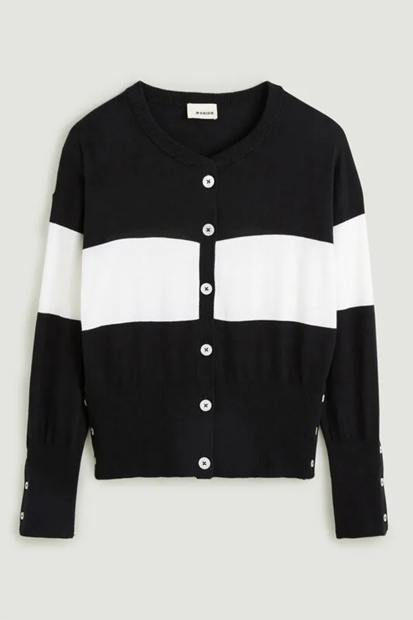 STRIPED TWO TONE ROUND NECK CARDIGAN