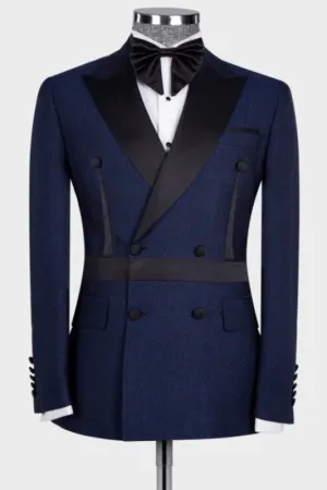 Stylish Navy Blue Peaked Lapel Double Breasted Prom Suits Slim Fit Tuxedo Dinner Party