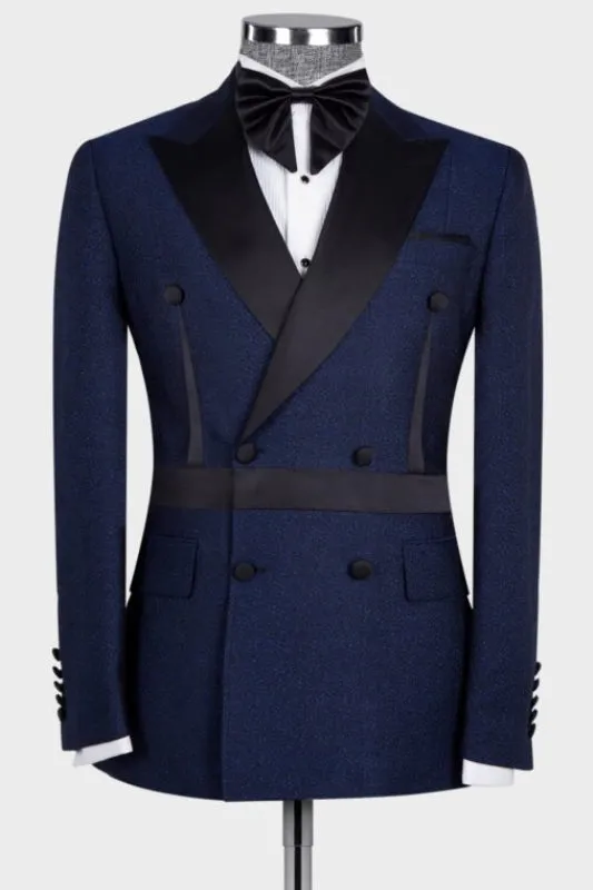 Stylish Navy Blue Peaked Lapel Double Breasted Prom Suits Slim Fit Tuxedo Dinner Party