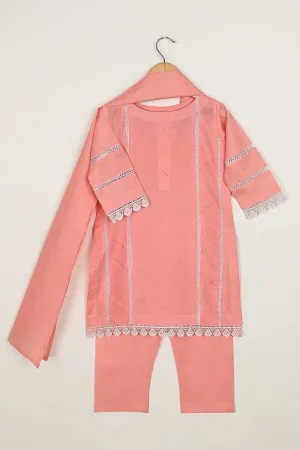 TKF-70-Peach - Kids 3Pc Pc Cotton Dress With Cotton Trouser