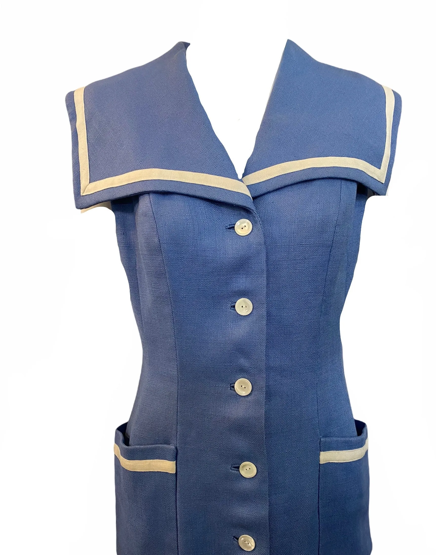 Traina Norell 60s Cornflower Blue and White  Linen Sailor Dress