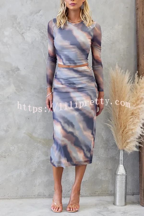 Unique Printed Long Sleeve Crew Neck Top and Slim Fit Elastic Waist Skirt Set