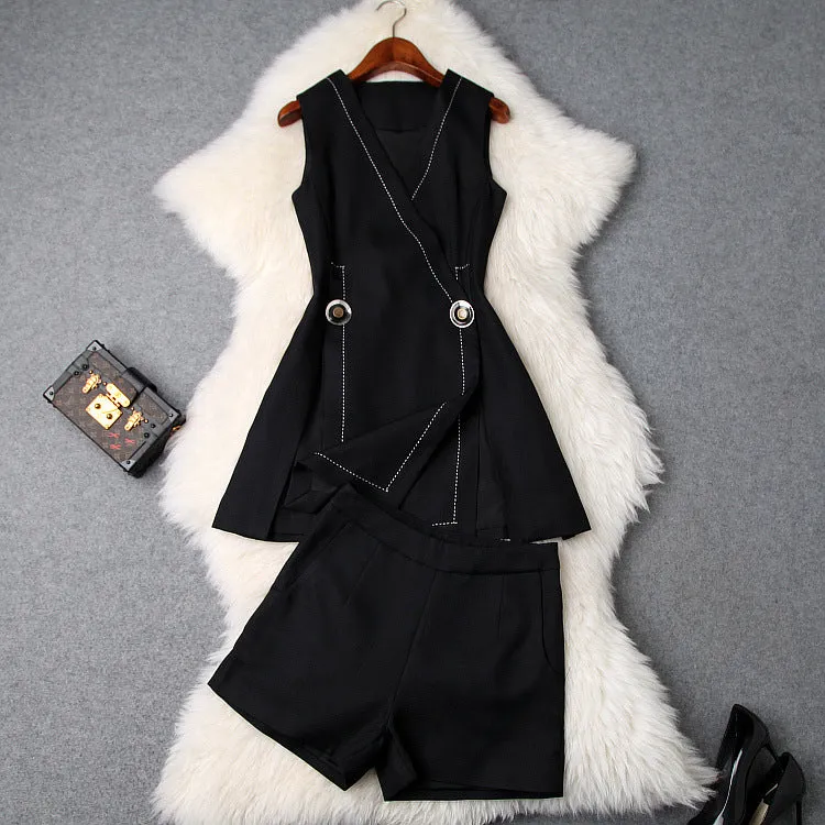 V-neck Suit Double Buckle Vest Shorts Blazers Two-piece Set