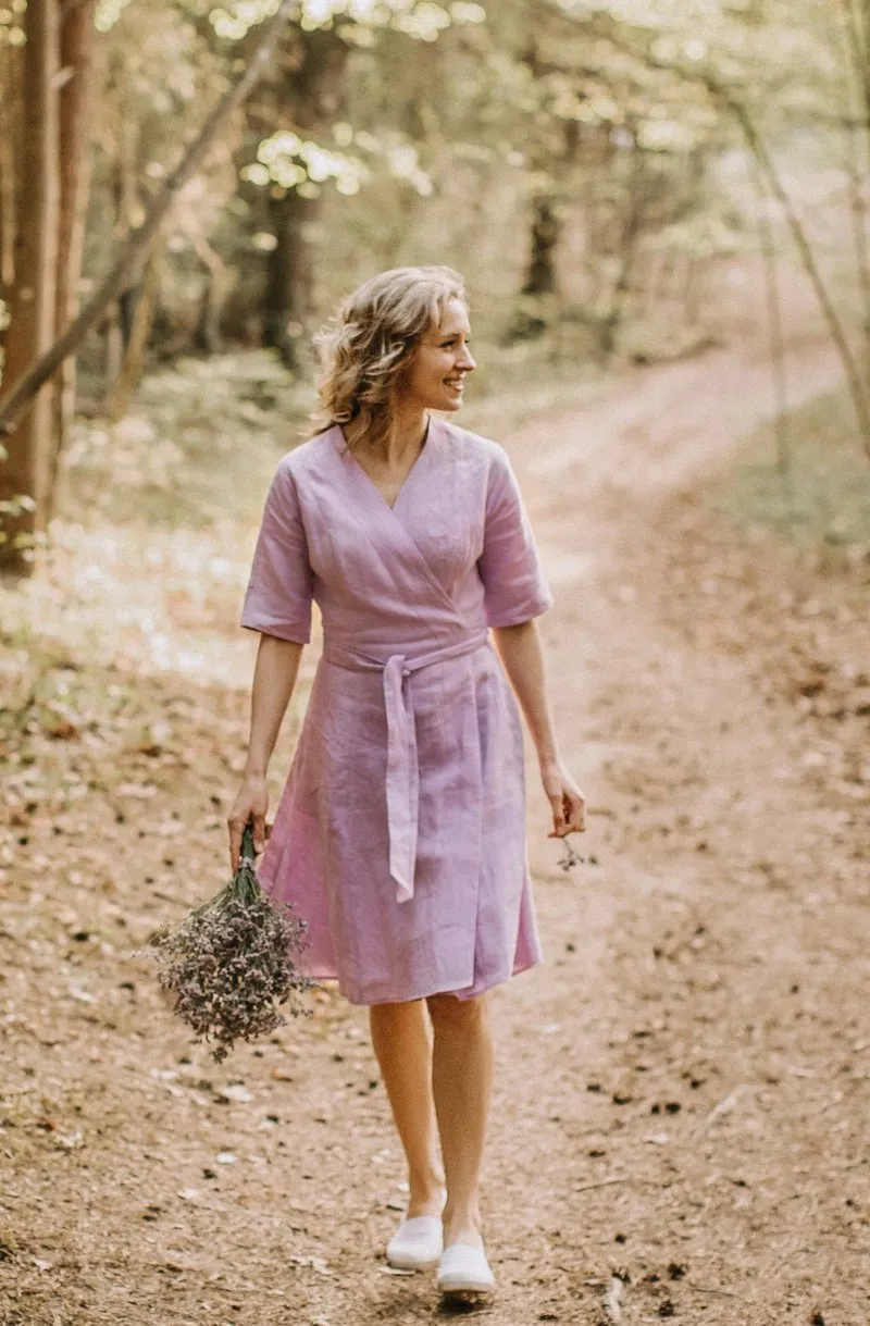 V-Neck Wrap Around Linen Dress