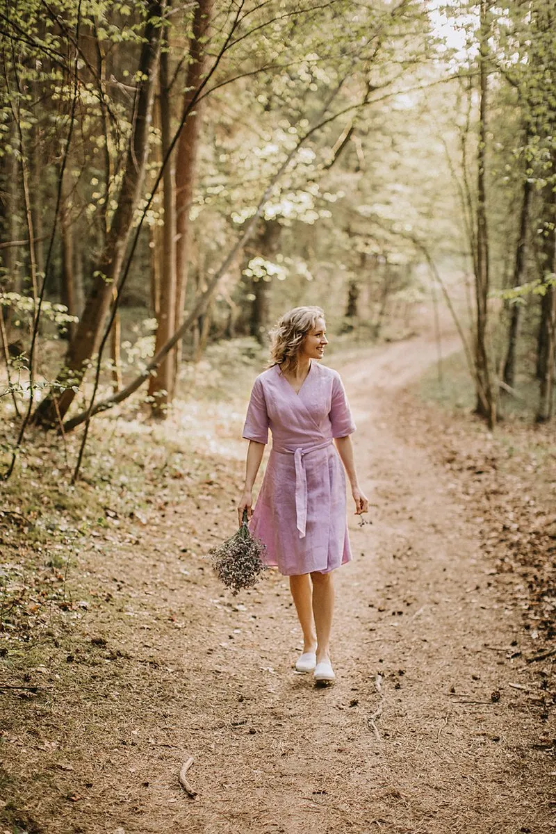 V-Neck Wrap Around Linen Dress