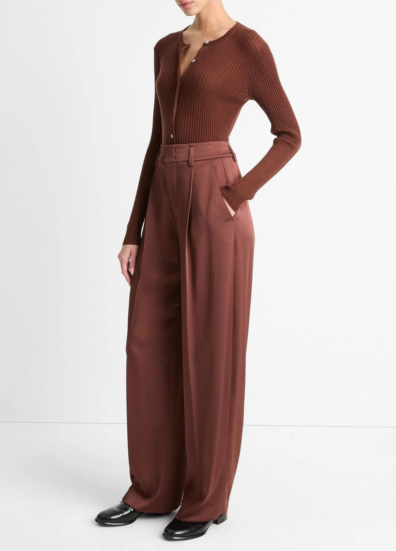 Vince High-Waist Fluid Satin Wide-Leg Trouser in Dark Rosewood