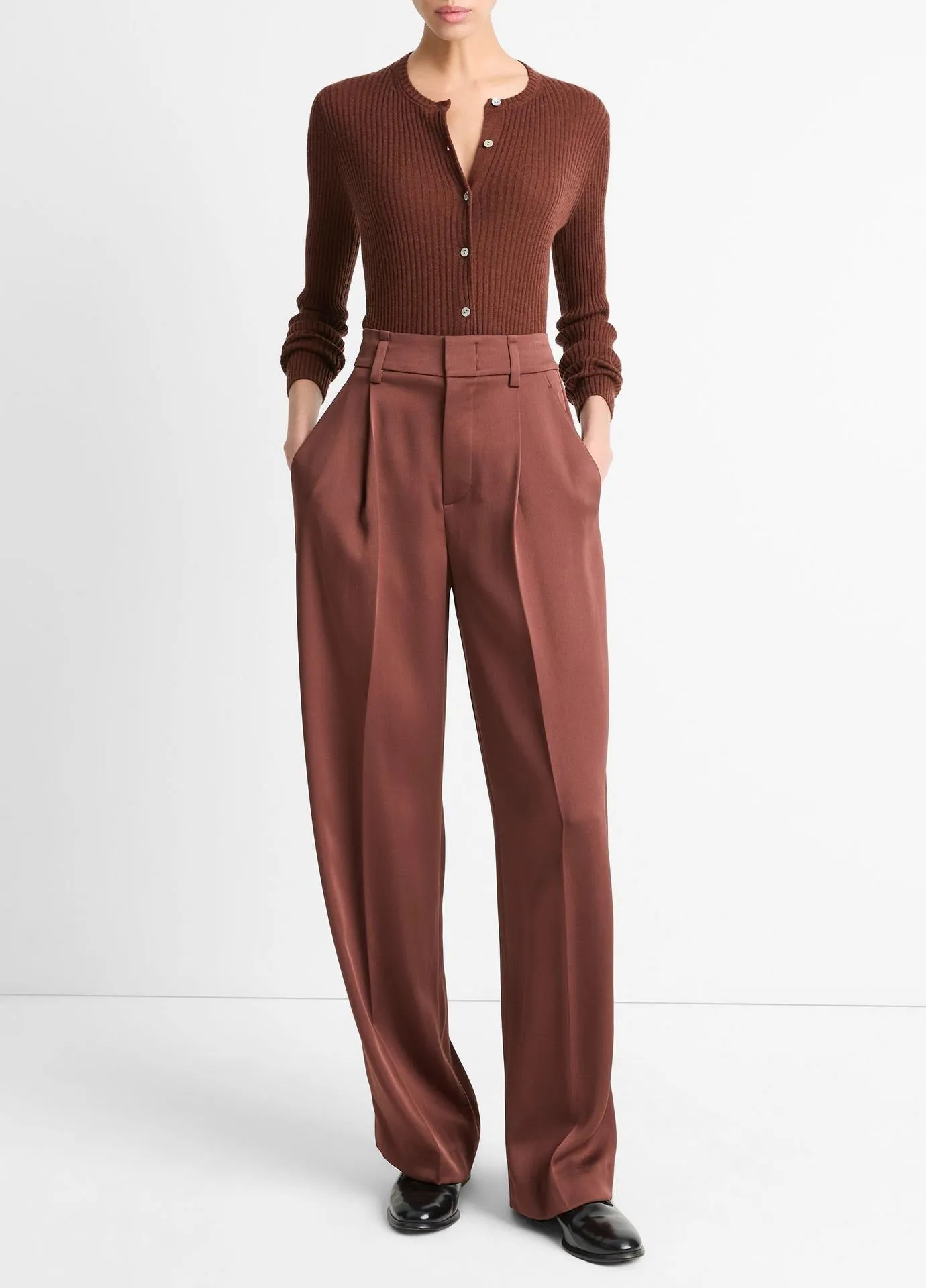 Vince High-Waist Fluid Satin Wide-Leg Trouser in Dark Rosewood