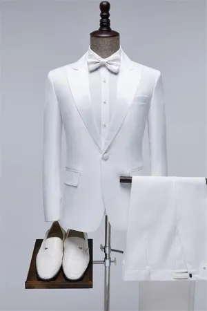 White Peaked Lapel Two Pieces Prom Suits for Men Wedding Party Suits One Button Slim Fit Groom Blazer Pants