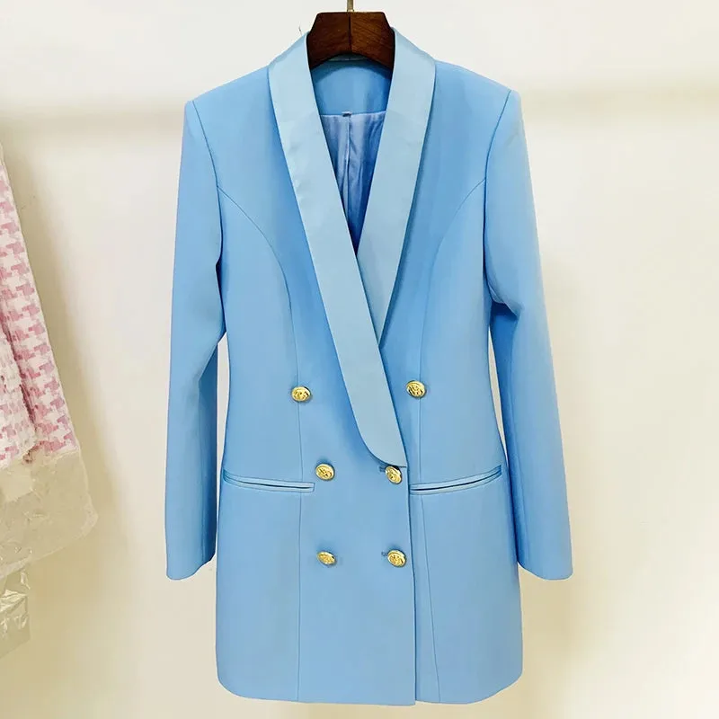 Women's Boutique Fashion Blazer Jacket  Gold Lion Buttons Double Breasted Satin Shawl Collar Long Blazer