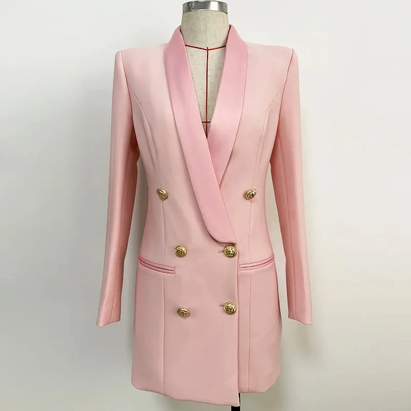 Women's Boutique Fashion Blazer Jacket  Gold Lion Buttons Double Breasted Satin Shawl Collar Long Blazer