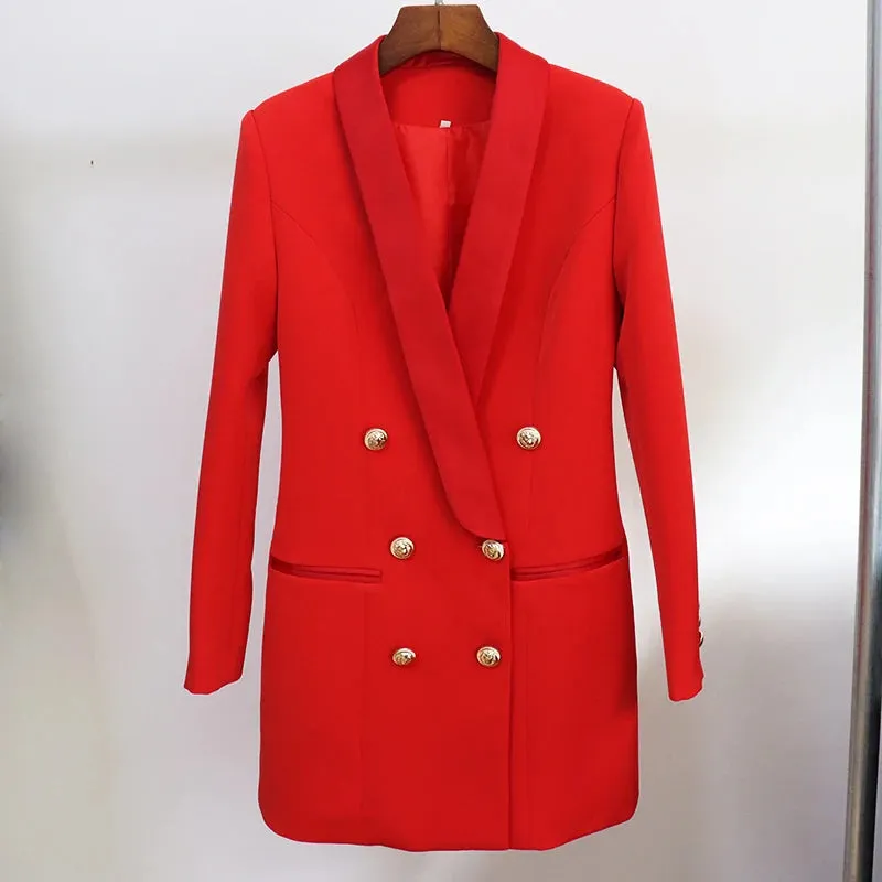 Women's Boutique Fashion Blazer Jacket  Gold Lion Buttons Double Breasted Satin Shawl Collar Long Blazer