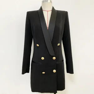 Women's Boutique Fashion Blazer Jacket  Gold Lion Buttons Double Breasted Satin Shawl Collar Long Blazer