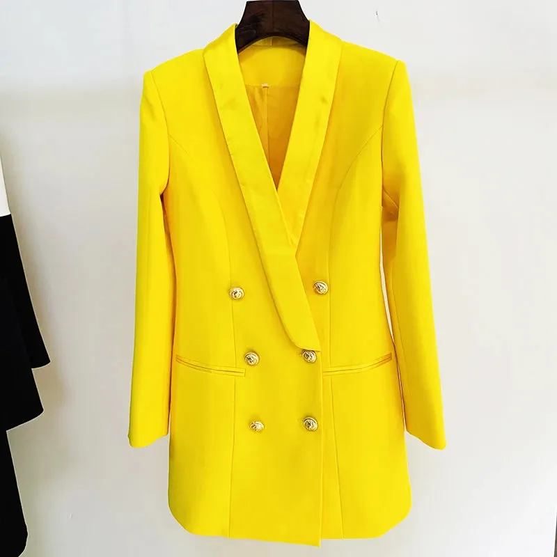 Women's Boutique Fashion Blazer Jacket  Gold Lion Buttons Double Breasted Satin Shawl Collar Long Blazer