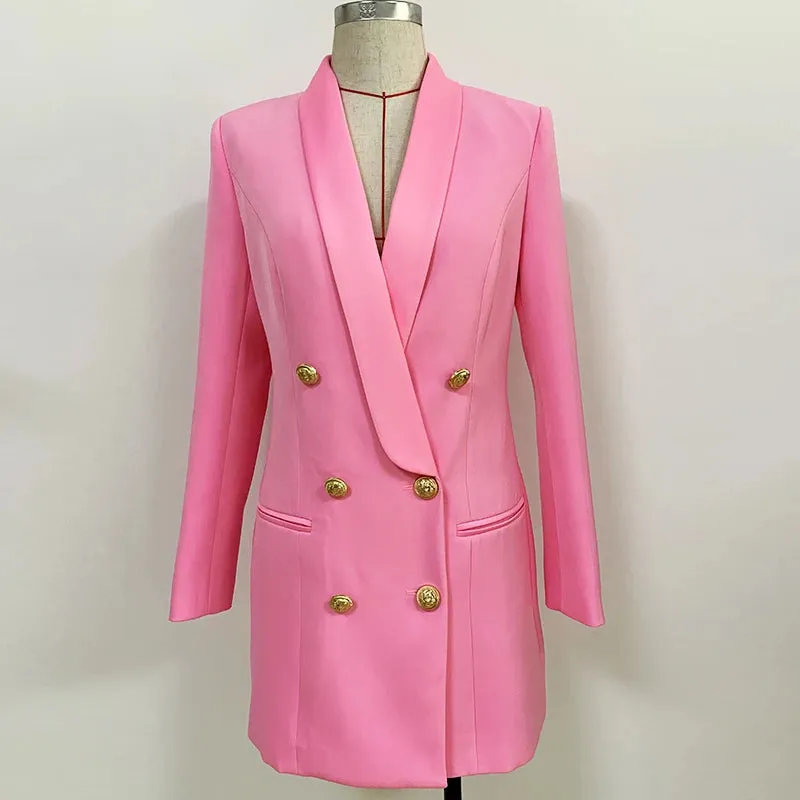 Women's Boutique Fashion Blazer Jacket  Gold Lion Buttons Double Breasted Satin Shawl Collar Long Blazer