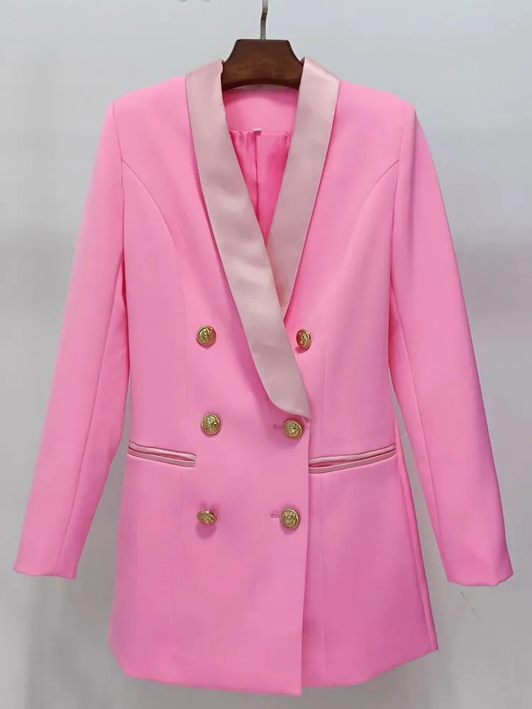 Women's Boutique Fashion Blazer Jacket  Gold Lion Buttons Double Breasted Satin Shawl Collar Long Blazer