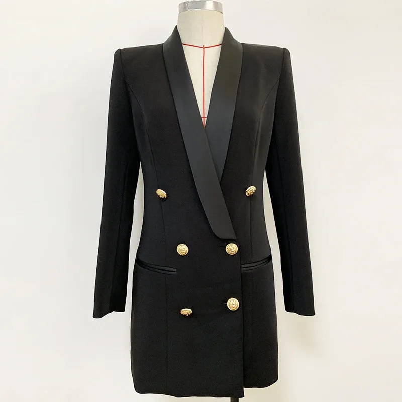 Women's Boutique Fashion Blazer Jacket  Gold Lion Buttons Double Breasted Satin Shawl Collar Long Blazer