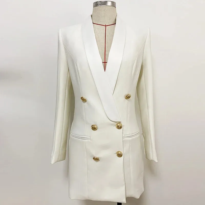 Women's Boutique Fashion Blazer Jacket  Gold Lion Buttons Double Breasted Satin Shawl Collar Long Blazer