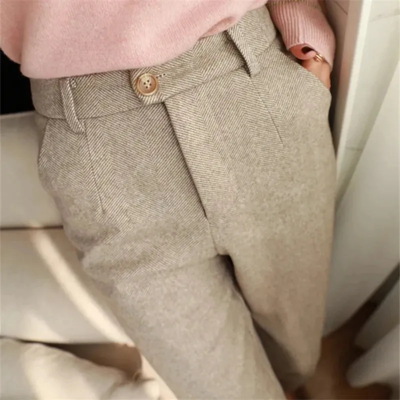 Women's High-Waisted Woolen Harem Pencil Pants