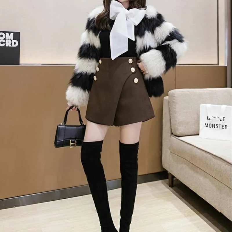 Woolen Shorts Women's Autumn and Winter High Waist Irregular Skirt Pants Korean Version Was Thin Wearing A-line Wide-leg Boots Pants