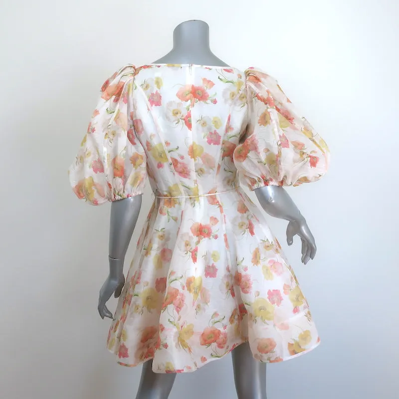 Zimmermann Tranquility Flip Puff Sleeve Mini Dress Cream Floral Print Size 0